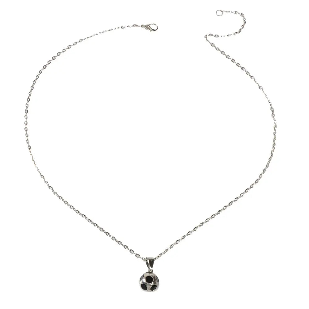 Silver Chain Black Enamel Football Pendant Necklace Soccer Ball Charm Collar Feelontop Jewellery