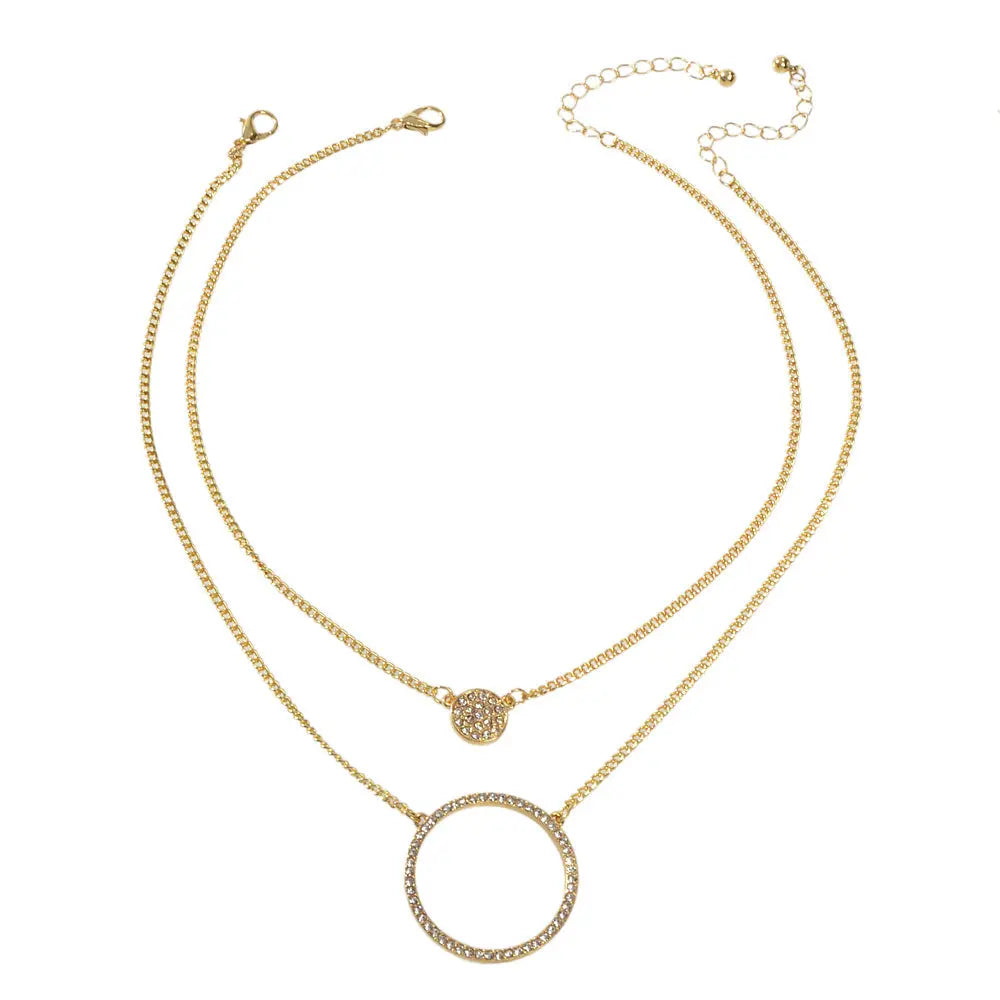 2 pcs Gold Silver Chain Rhinestone Round Circle Pendant Necklace Jewellery Gift Feelontop Jewellery