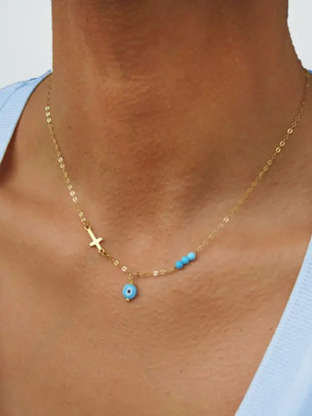 Boho Chic Chain Blue Beads Cross Round Eye Charm Necklace Girls Ethnic Jewellery Feelontop Jewellery