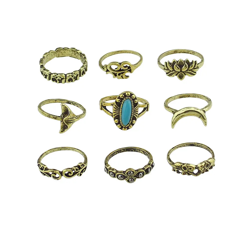 Stackable 9pcs Tribal Ethnic Lotus Elephant Moon Flower Multiple Bulk Rings set Feelontop Jewellery