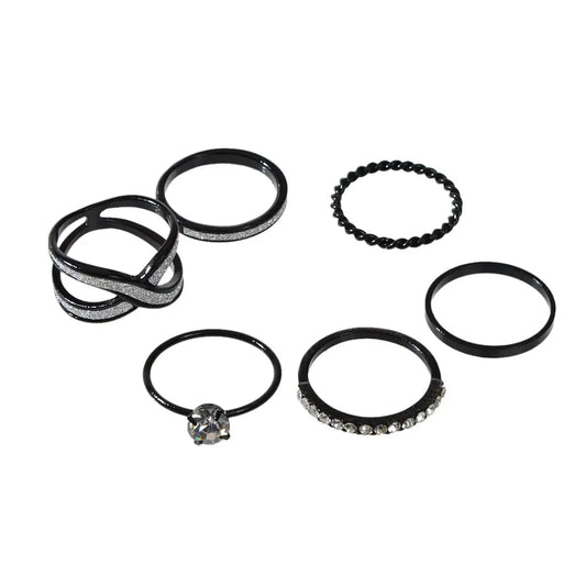 6pcs Stackable Rhinestone Black Midi Finger Knuckle Rings set Wedding Party Wear Feelontop Jewellery