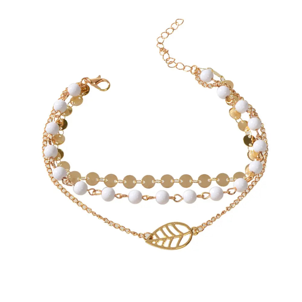 1 pc Foot Beach Jewellery Gold Silver Multi-layer Chain White Beads Leaf Anklet Feelontop Jewellery