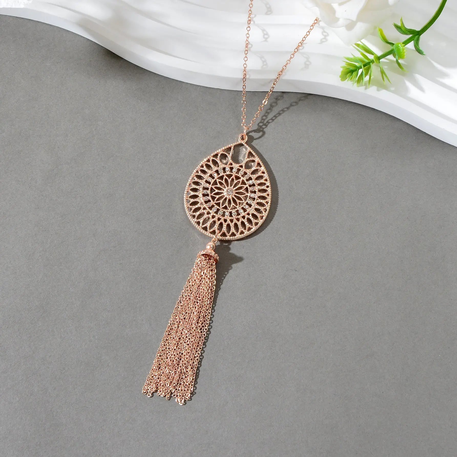 Fashion Rhinestone Decor Carved Hollow Flower with Chain Tassel Long Necklace Feelontop Jewellery