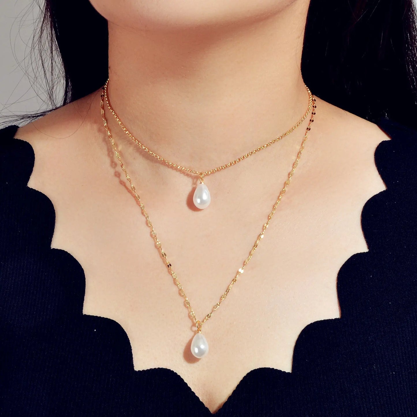 Fashion Double-layer Gold Chain Imitation Pearl Pendant Necklace Gift Jewelry Feelontop Jewellery