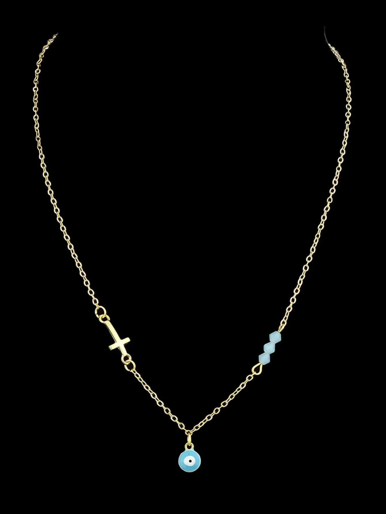 Boho Chic Chain Blue Beads Cross Round Eye Charm Necklace Girls Ethnic Jewellery Feelontop Jewellery