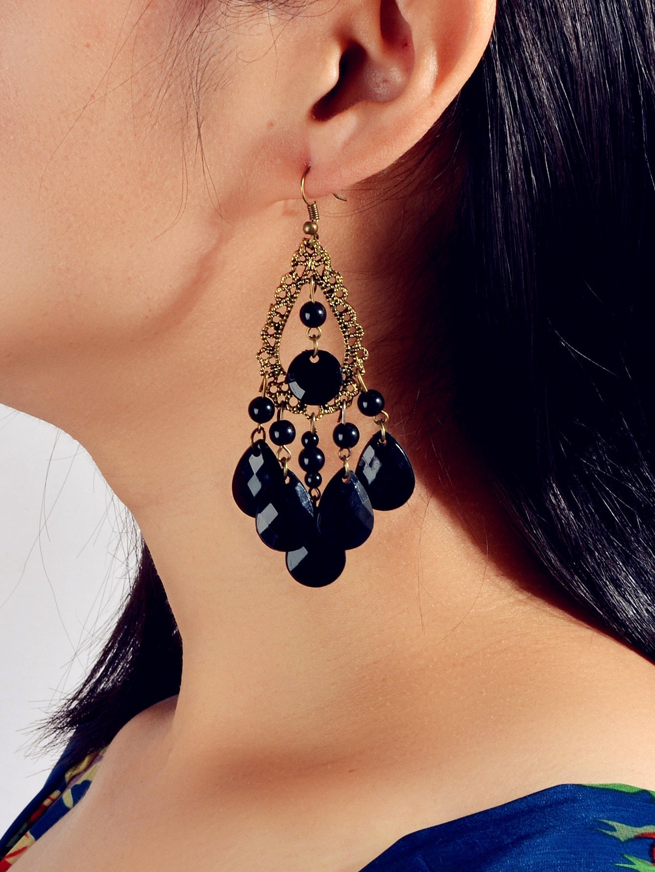 Bohemian Retro Jewellery Black Water Drop Beads Antique Gold Chandelier Earrings Feelontop Jewellery