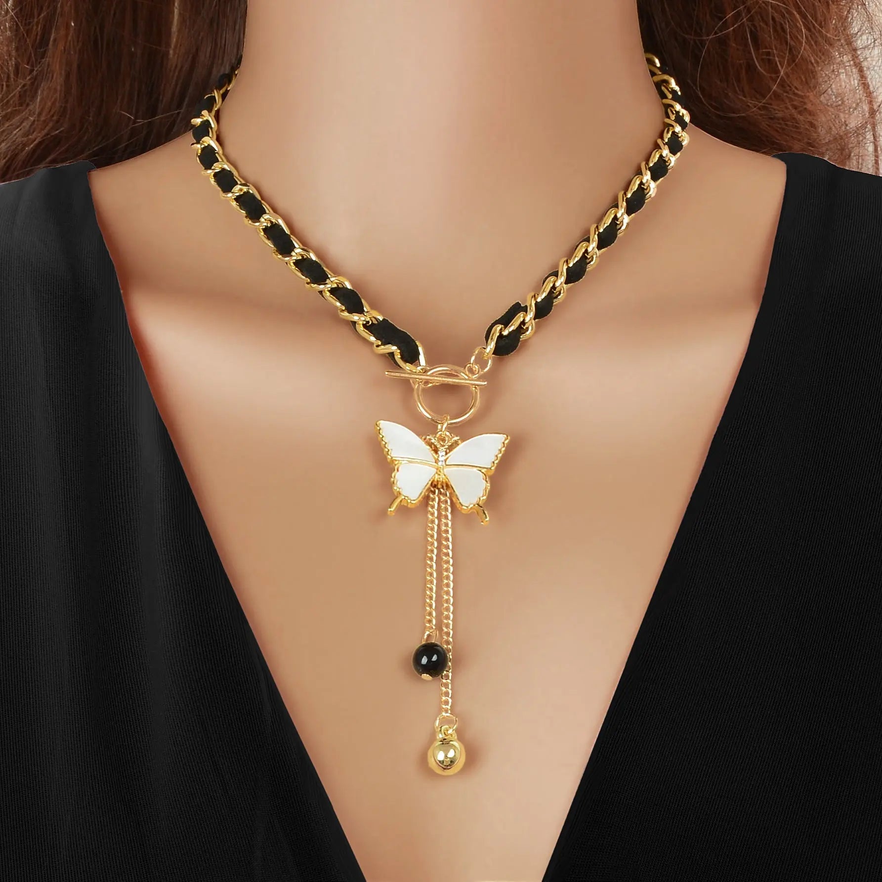 1pc Designer Stylish Butterfly Charm and Ball Pendant Tassel Braided Long Necklace Women Party Daily Jewelry Feelontop Jewellery