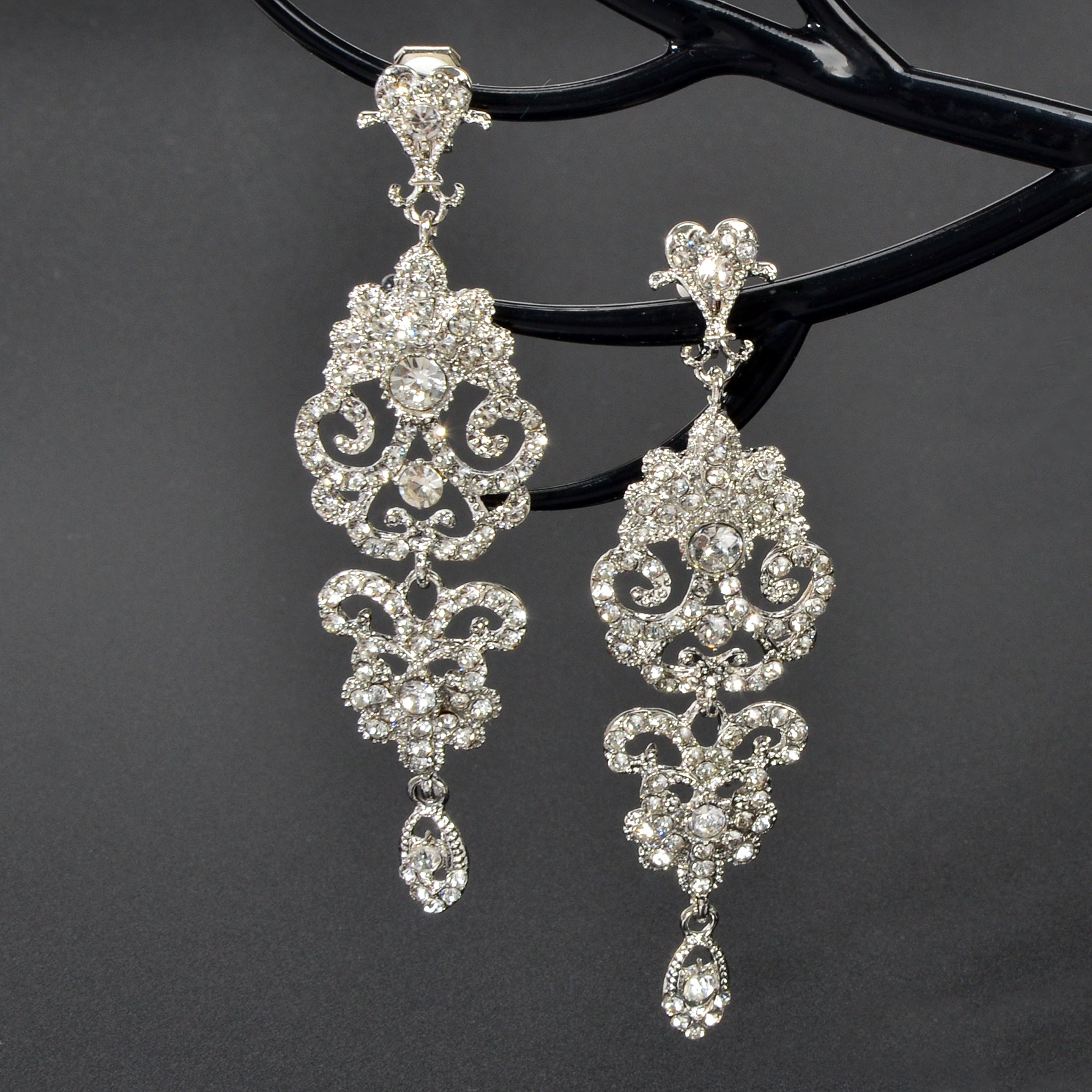 Luxury Rhinestones Silver Hollow Carving Pendant Earrings Banquet Wedding Jewellery Feelontop Jewellery