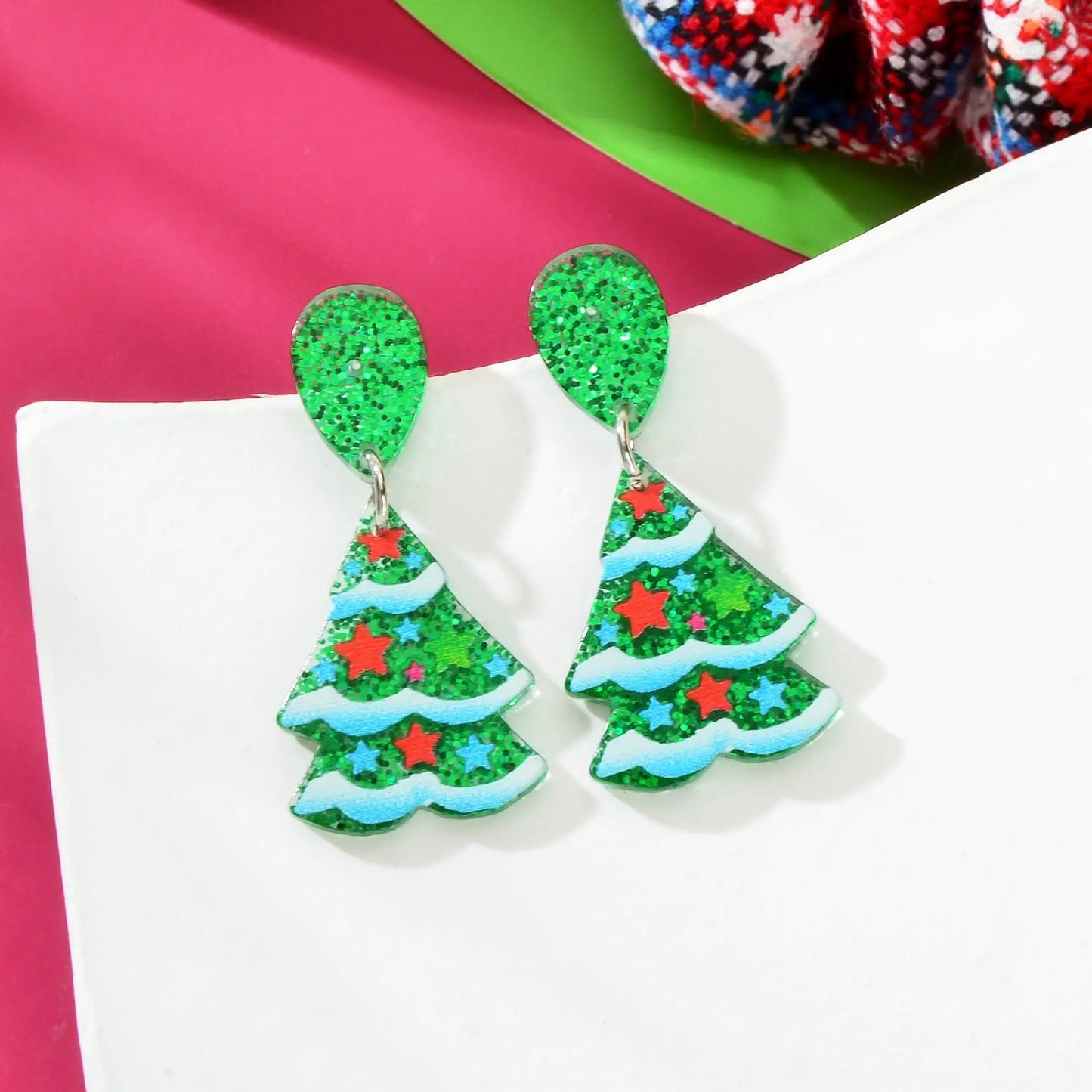Sparkling Sequin Star Decor Christmas Tree Acrylic Dangle Earrings Jewelry Feelontop Jewellery