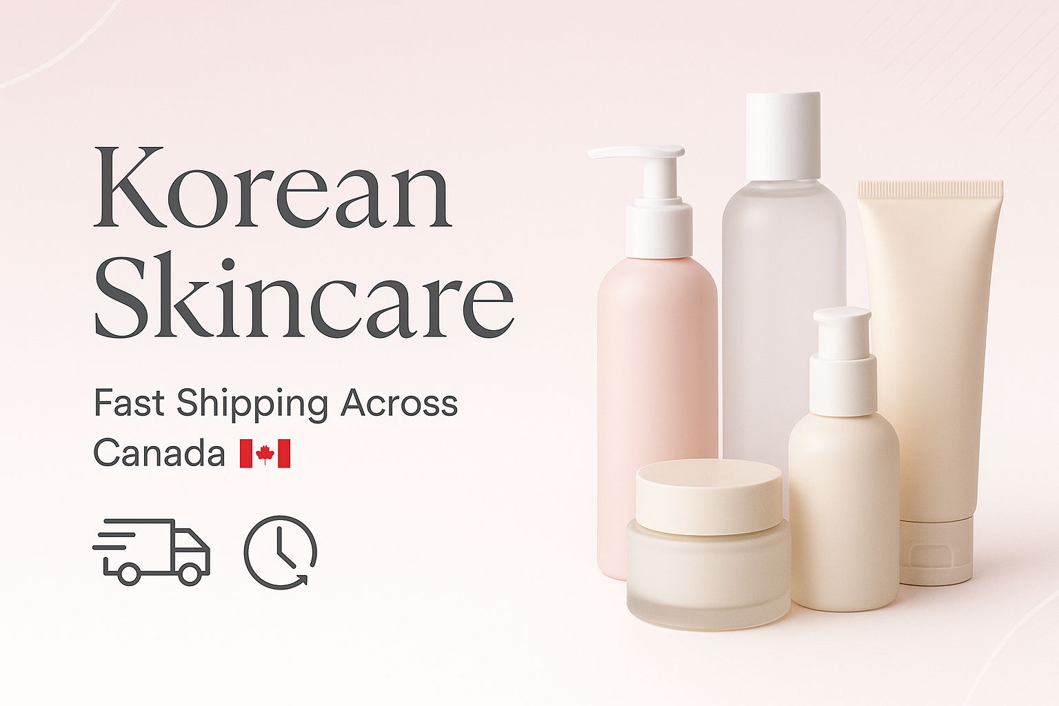 generate a visually appealing mobile and desktop responsive slide image of Korean Skin care brands , fast shipping in canada