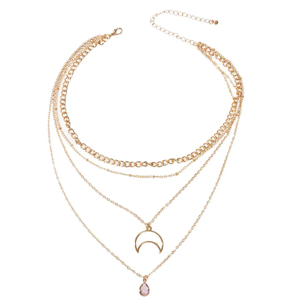 Multi-layer Gold Tone Chain Moon Water Drop Pendant Necklace Girls Party Jewelry Feelontop Jewellery