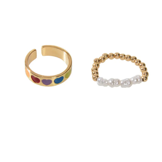 2 pcs Pearl Decor Elastic Ring Colorful Love Heart Enamel Finger Rings Jewellery Feelontop Jewellery