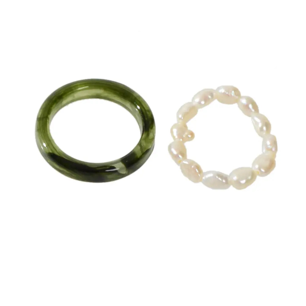 Feelontop 2pcs Pearl Elastic Retro Green Red Acrylic Ring New Women Accessories Feelontop Jewellery